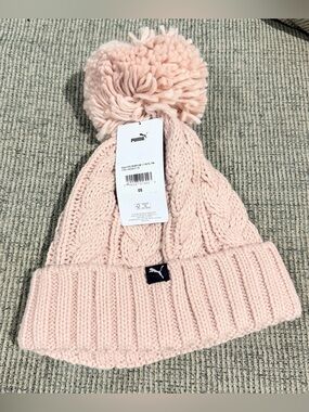 Puma Light Pink Cable Knit Pom Beanie